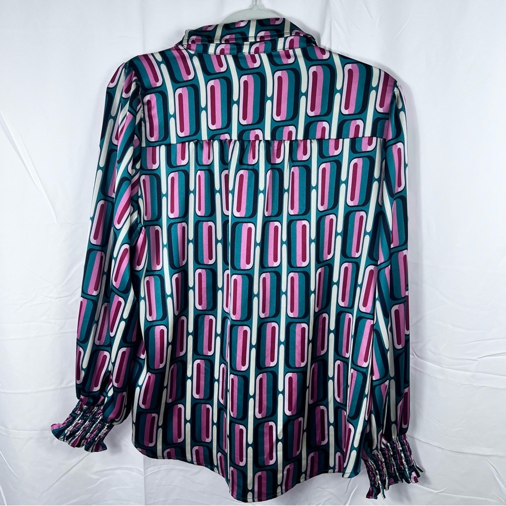 Jodifl Retro Geometric Print Blouse Satin  M Long Sleeve Button Down Career Wear - Picture 4 of 9